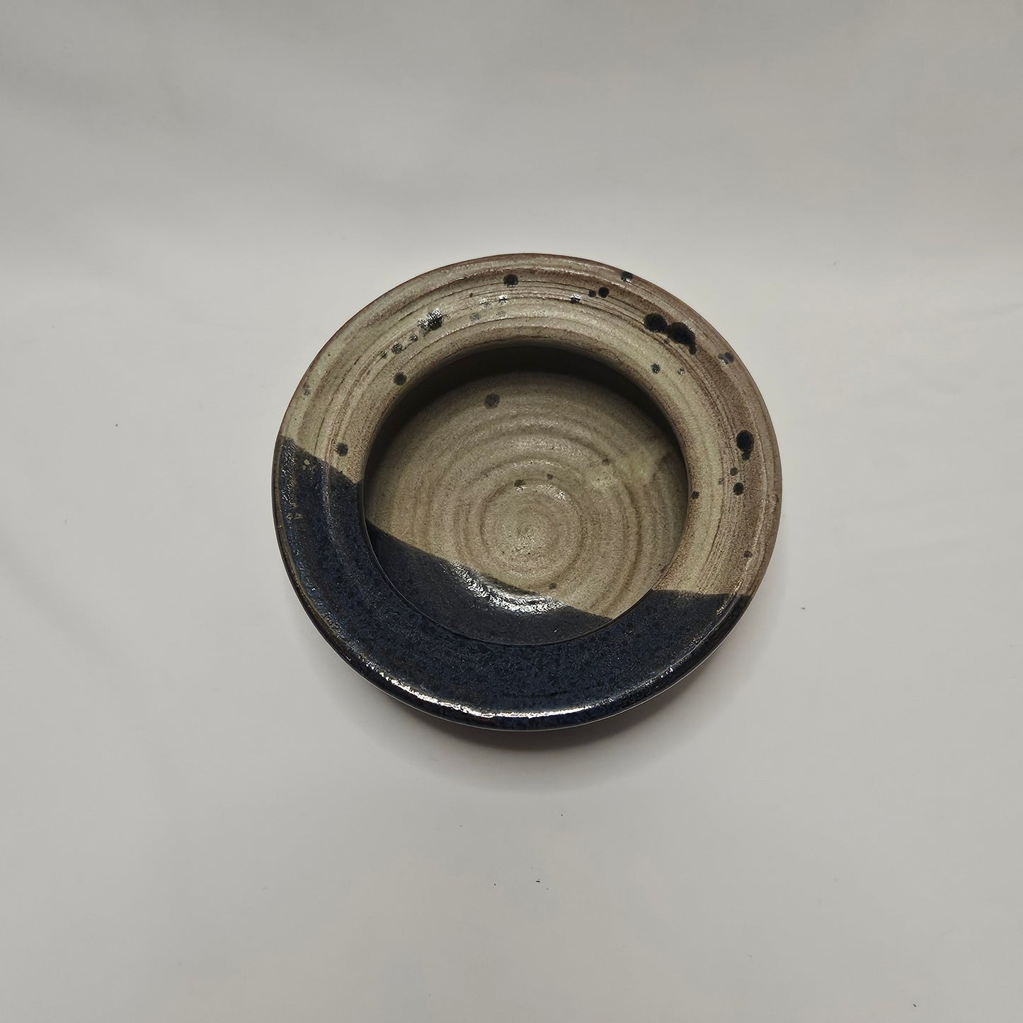 Vintage, Hand-thrown Studio Pottery rummed bowl, sigbed by artist Kathy Truders, Navy and Brown asymmetric glaze