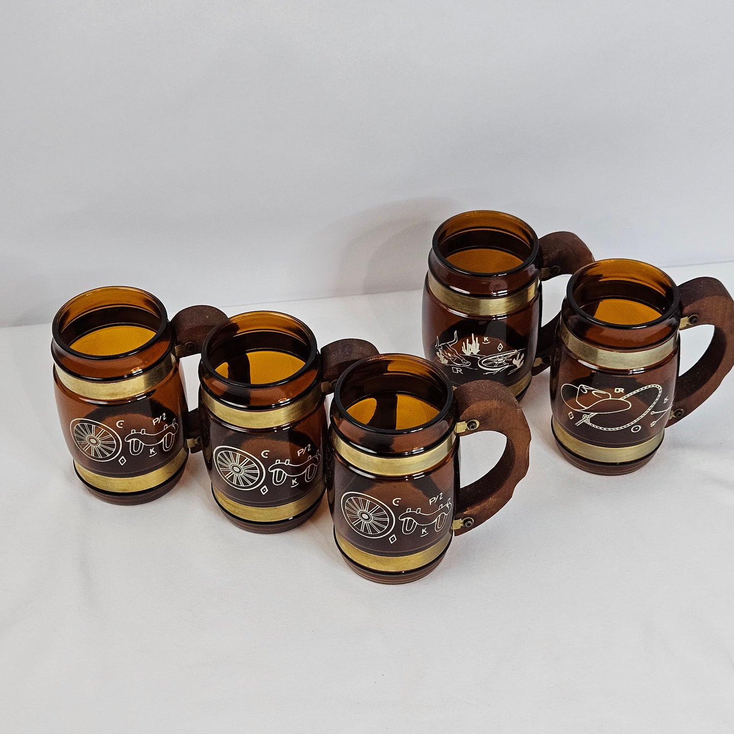 Vintage SiestaWare brown glass mugs, wooden handles, mix and match