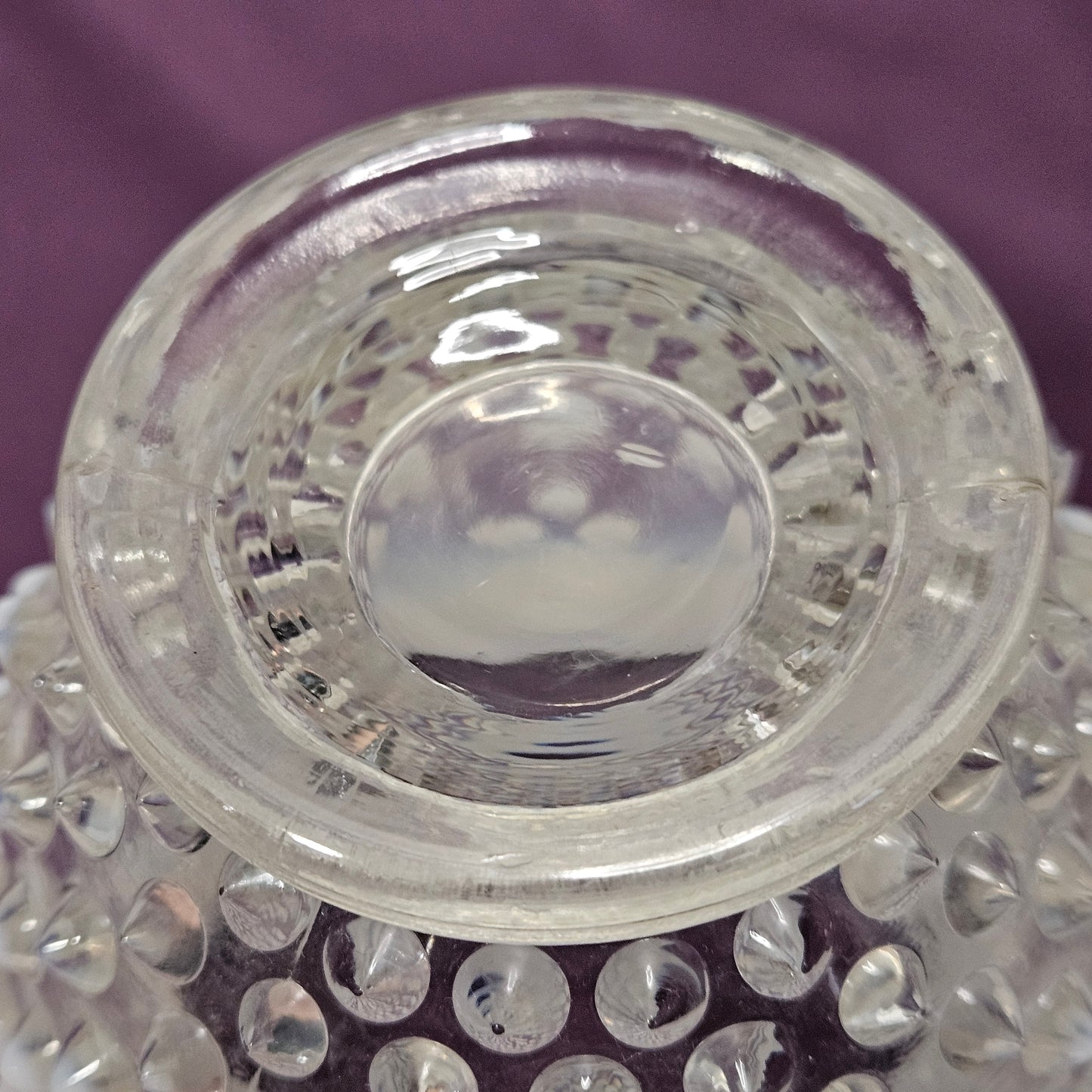 Fenton Opalescent White Hobnail small glass footed pitcher, 4.5" tall, 5.5" wide