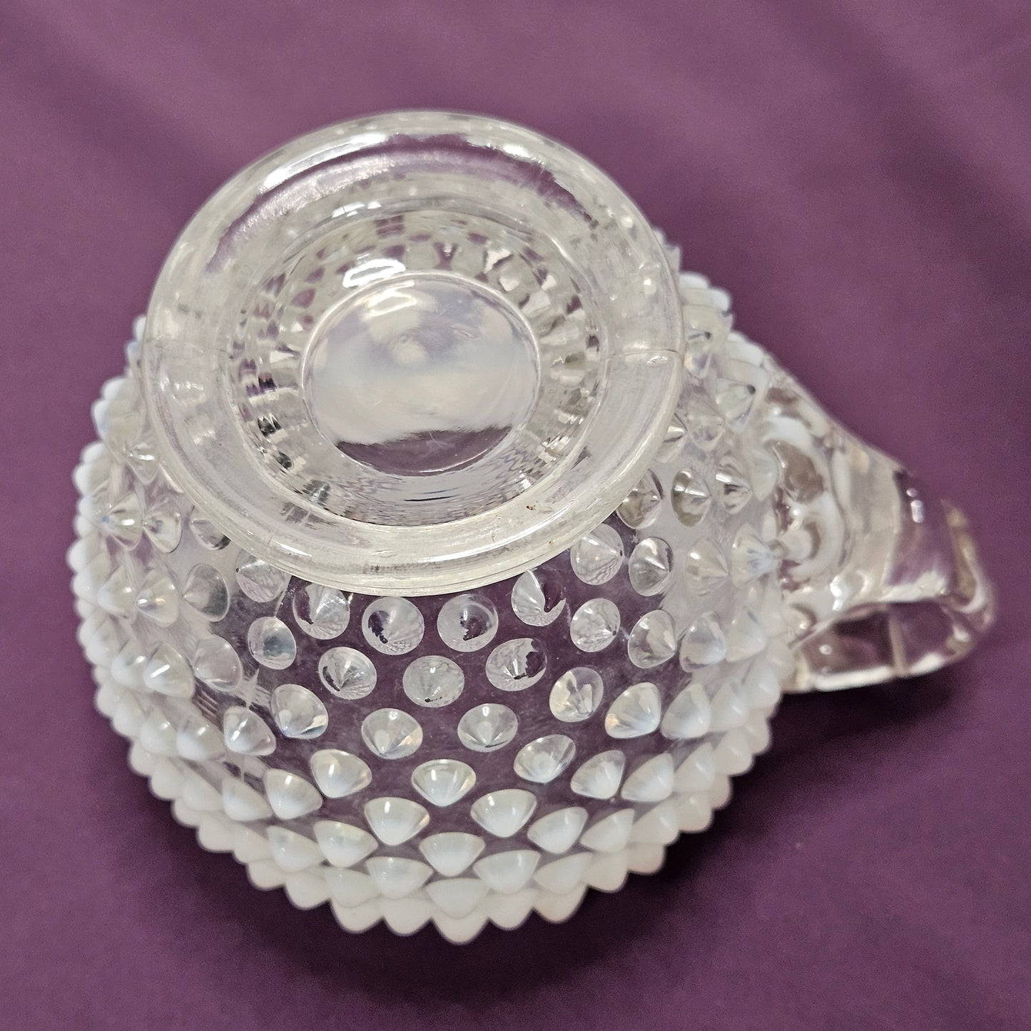 Fenton Opalescent White Hobnail small glass footed pitcher, 4.5" tall, 5.5" wide
