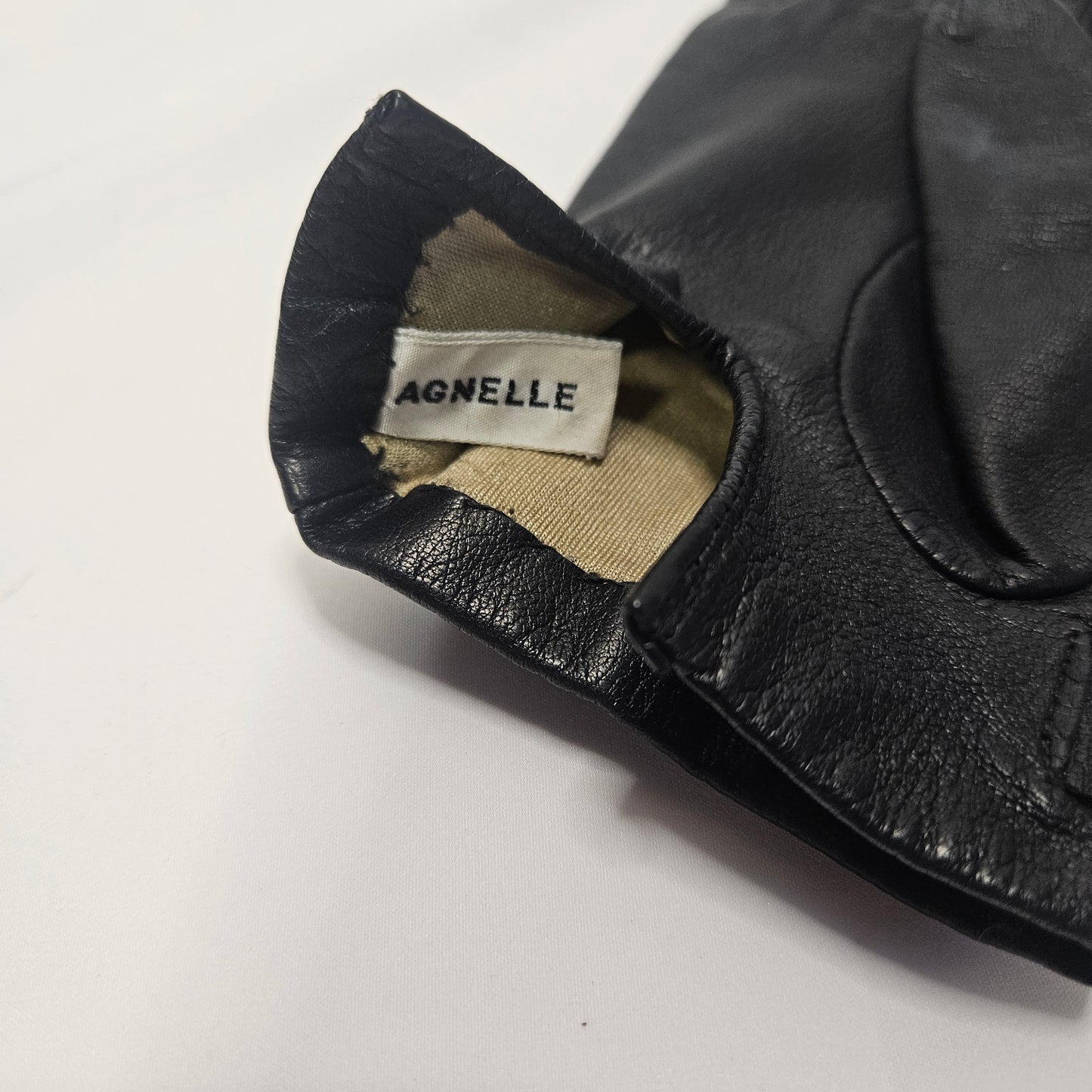 Womens vintage Agnelle black lamb leather silk lined gloves with gold chain accent