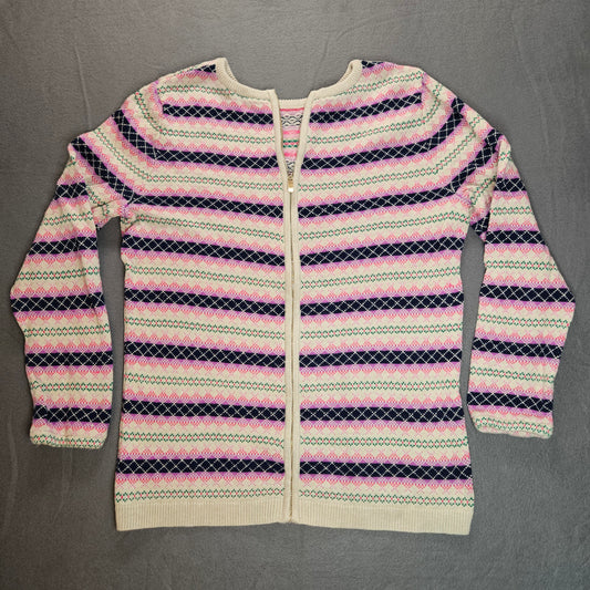 Talbot's Fair Isle zip-back long sleeve sweater, pink/navy stripes, Large
