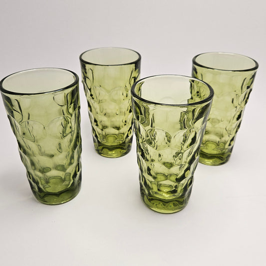 Indiana Glass Kings Crown Thumbprint Green Vintage Drinking Glasses Set of 4