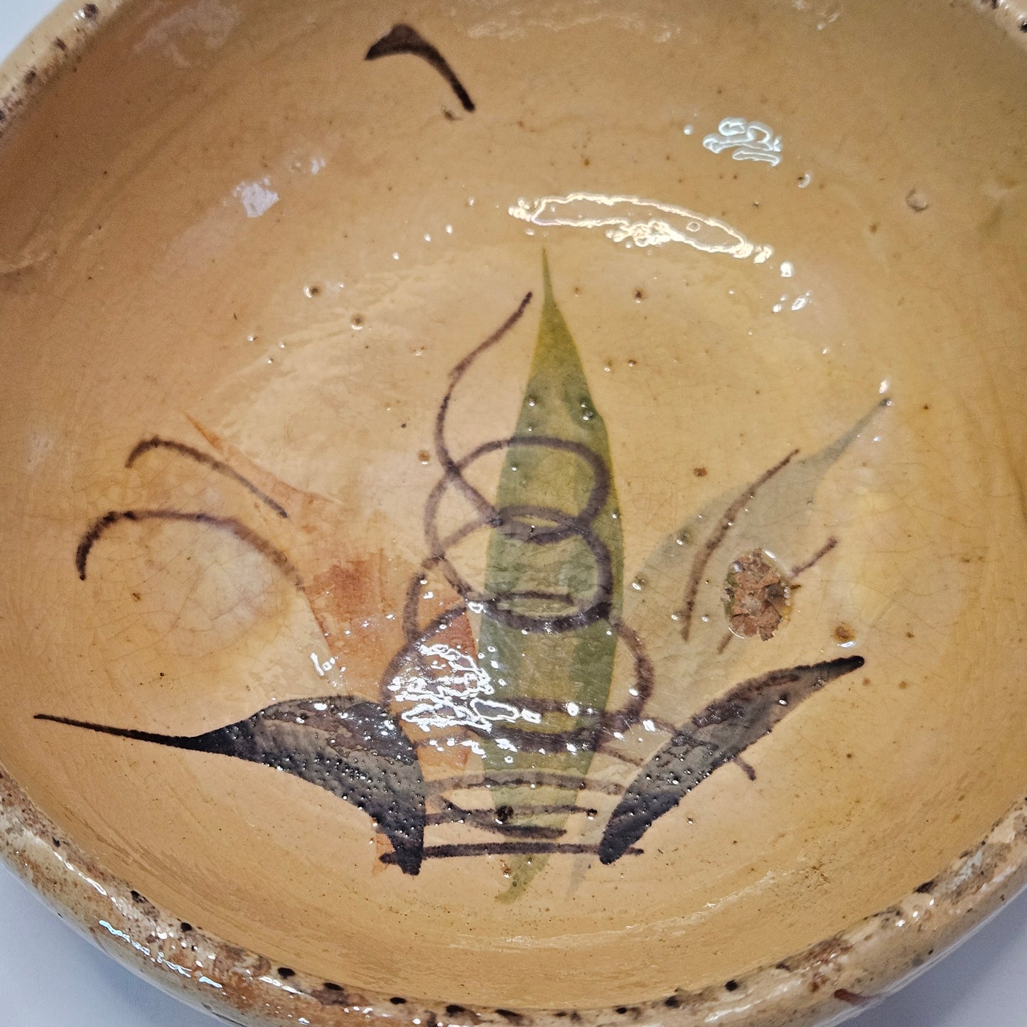 Vintage Mexican primitive clay bowl with handle