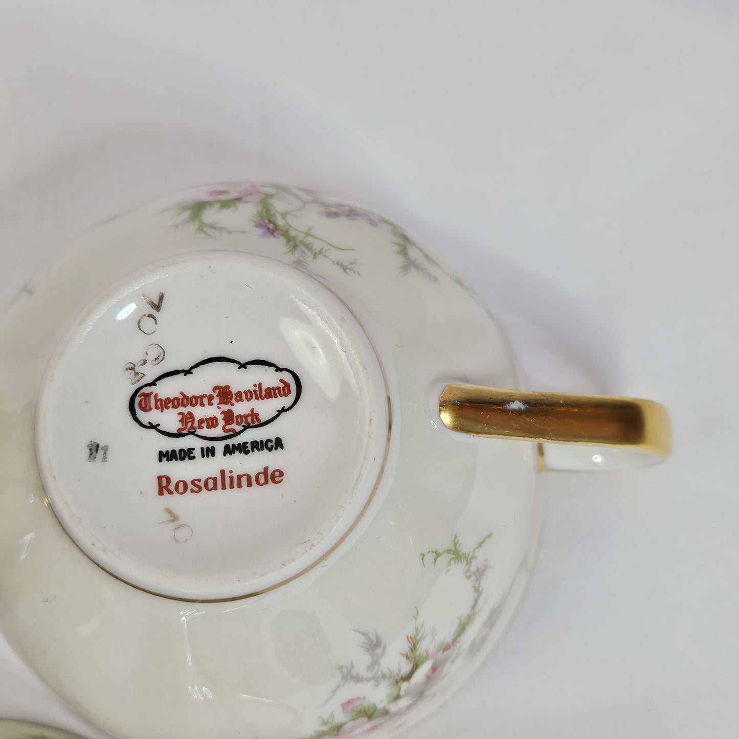 Haviland New York Rosalinde cups, cream floral with gold trim, made in America, set of 6