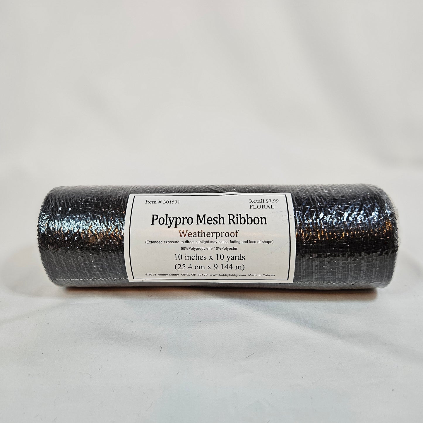 Black Polypro mesh decorative ribbon, Hobby Lobby, 10 inches x 10 yards