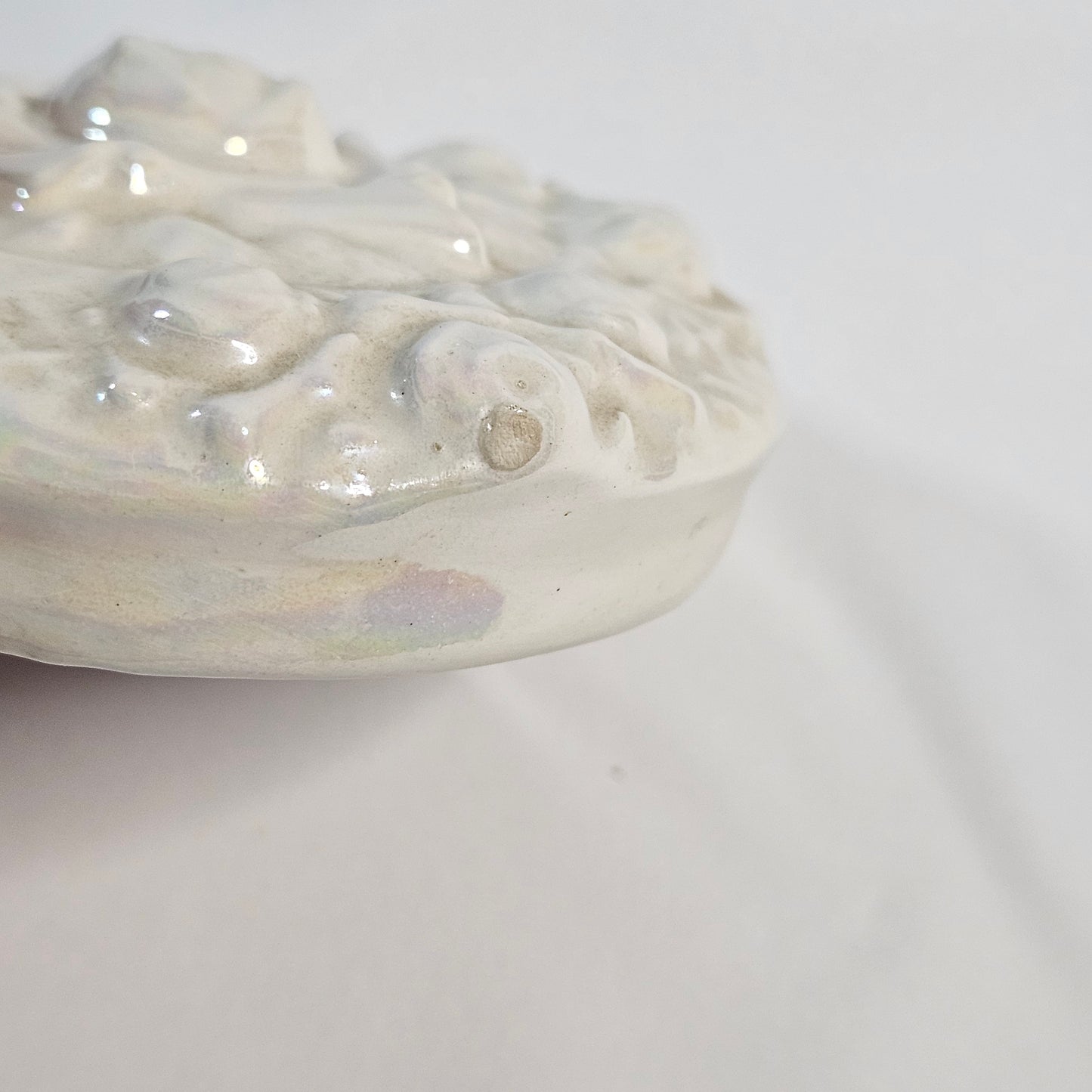 Vintage porcelain trinket box, iridescent white, rose pattern