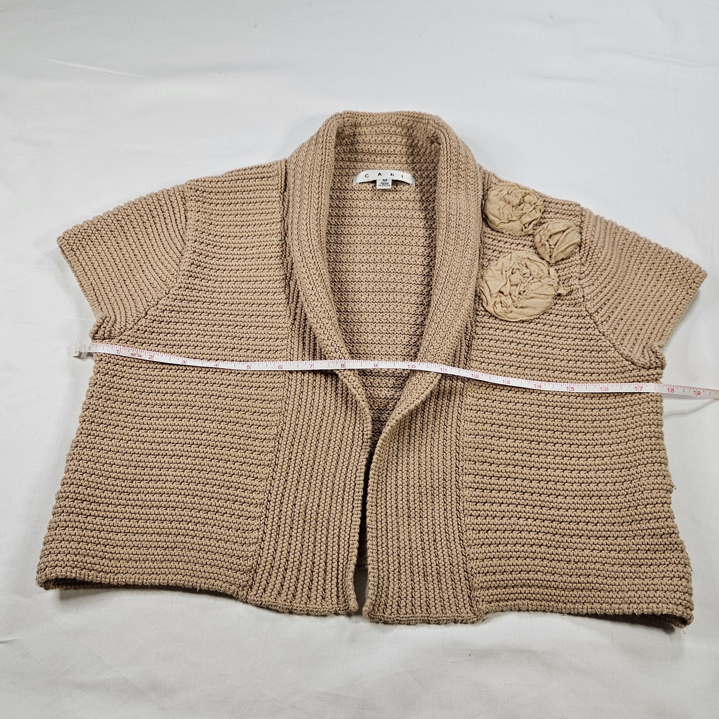 CAbi Beige knit shrug, 100% cotton with fabric rosettes, Medium