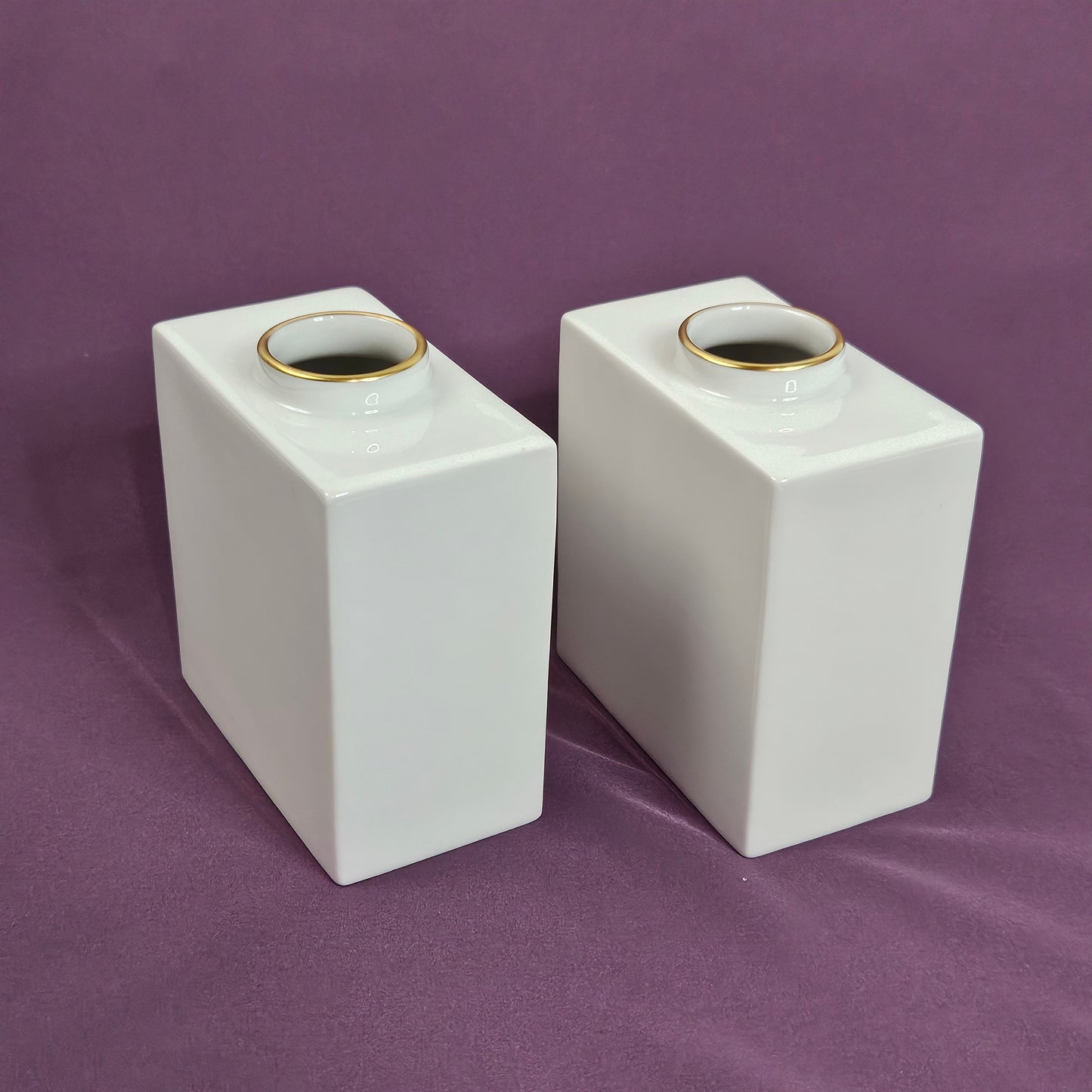 Vintage KPM Cadre small square vases with gold trim, pair