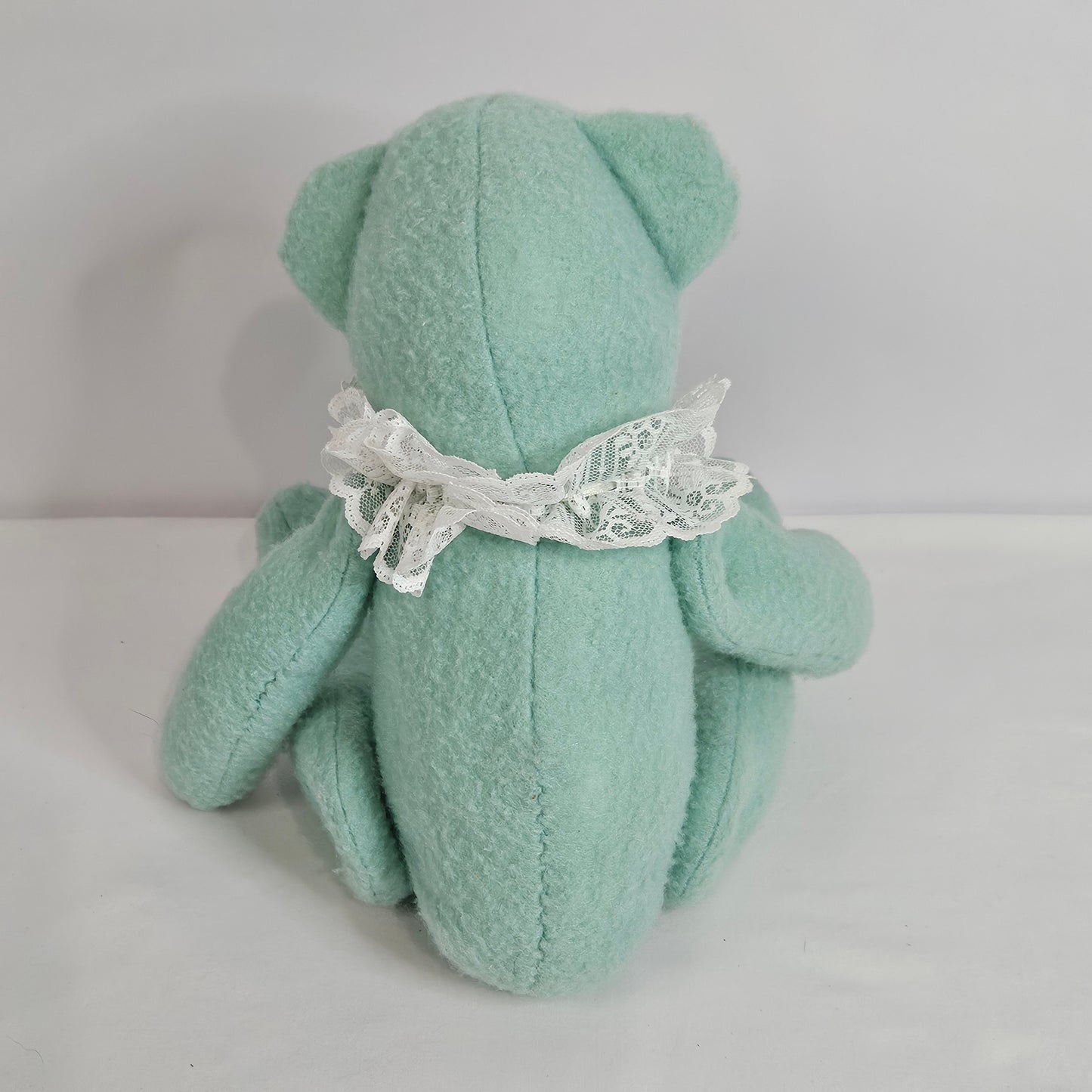 Handmade Vintage Jointed Teddy Bear, Light Blue Green color with lace collar