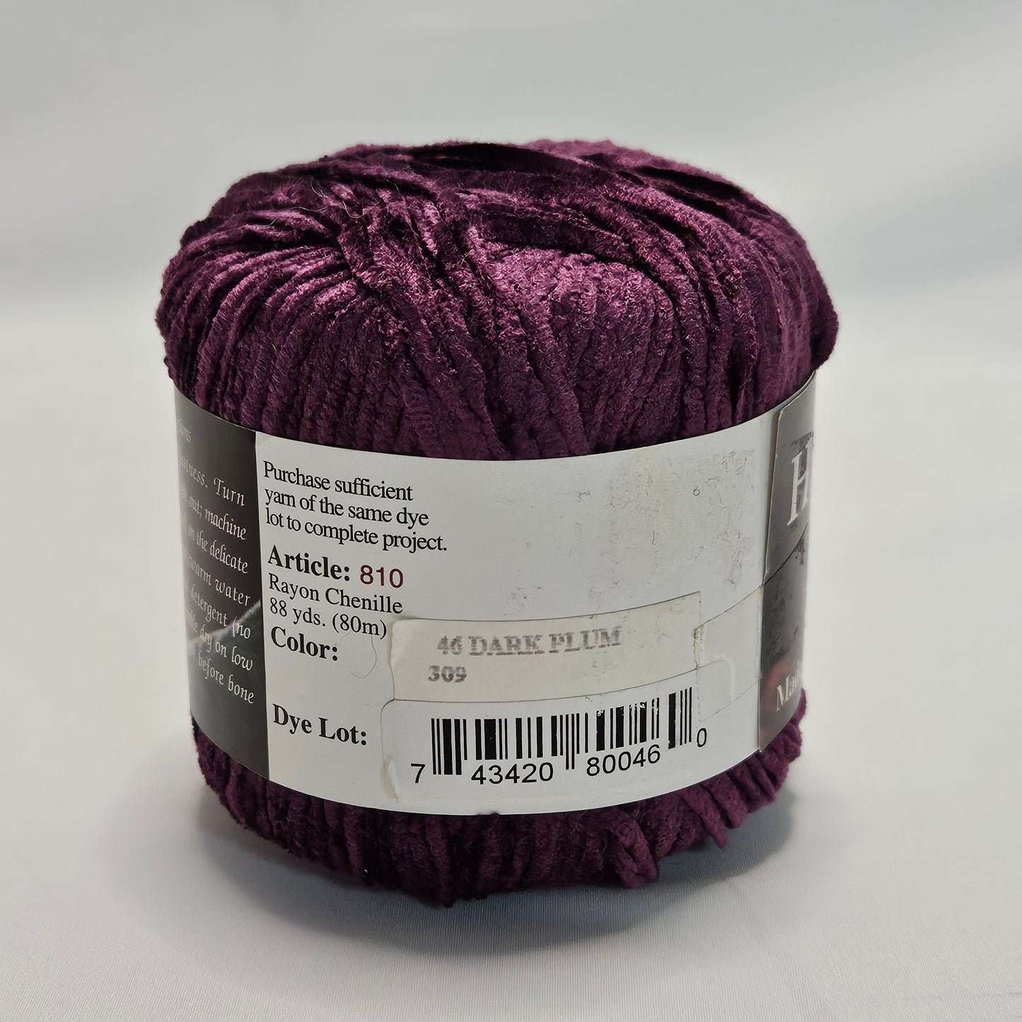 Honeysuckle Yarns, Dark Plum Rayon Chenile yarn, 88 yards, EPI