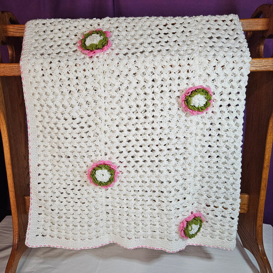 Handmade crochet blanket, lacy white stitch with flower embellishments, 58" x 51"