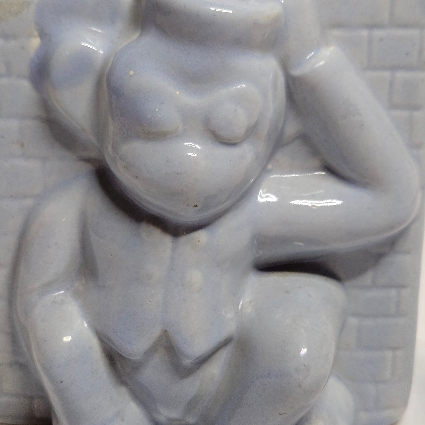 Vintage Niloak Circus Monkey planter, light blue, 4" tall