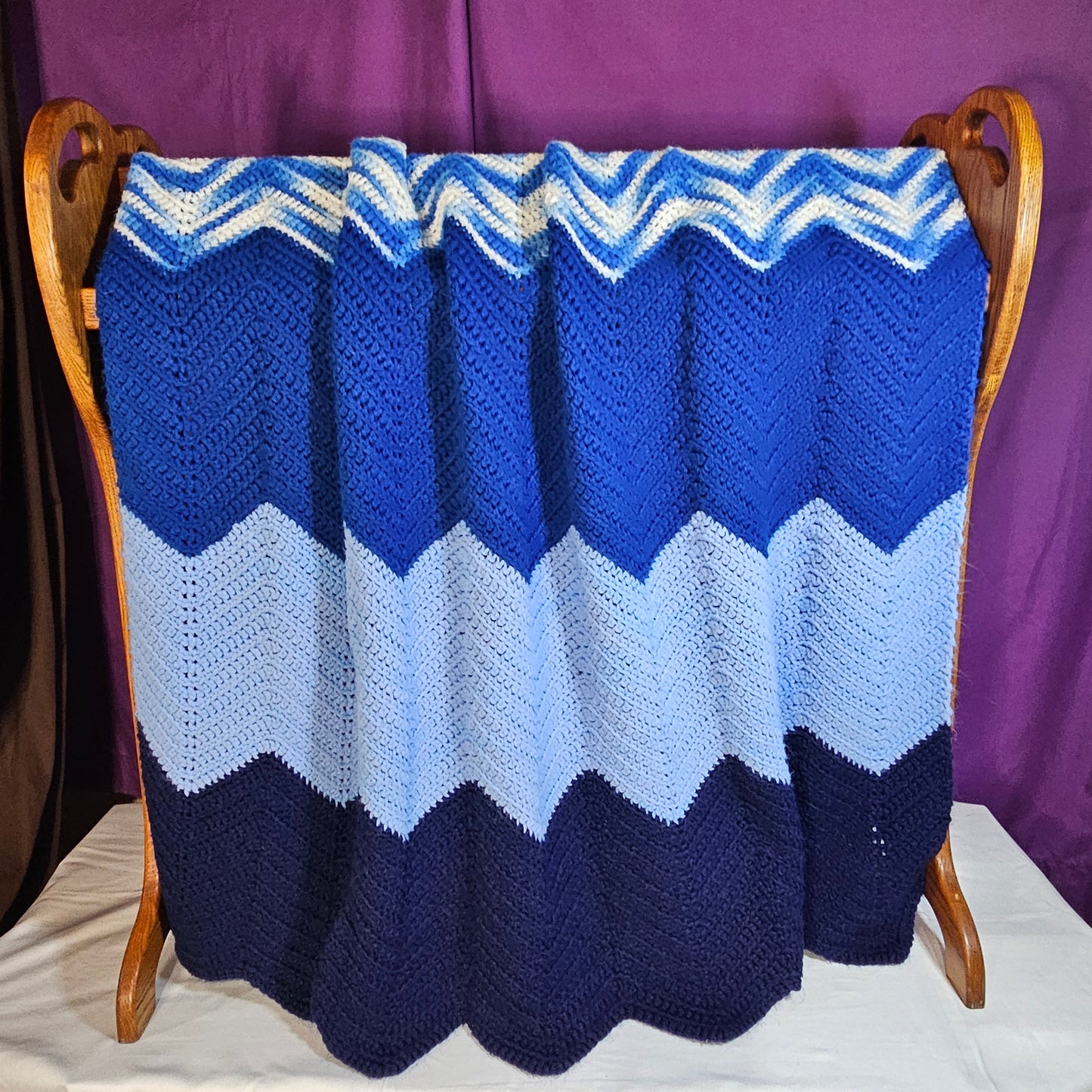 Handmade, large crochet blanket, blue ripple stitch stripes, 71" x 40"