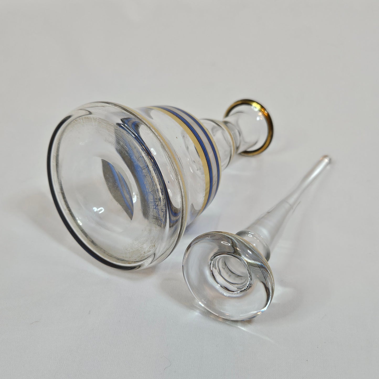Vintage Perfume decanter with gold and blue stripes, 6 inches tall