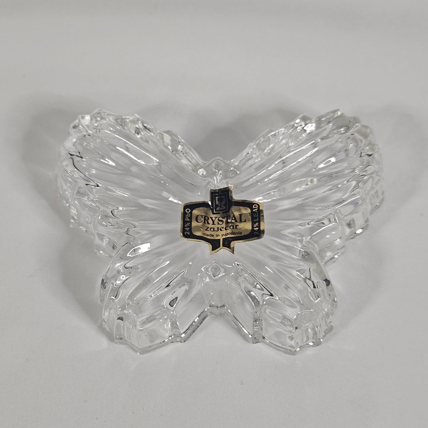Vintage Zajecar 24% lead crystal butterfly trinket dish with lid