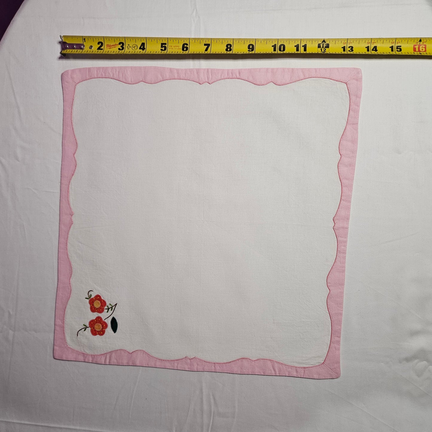 Vintage Placemat and Napkin set, appliqué pink flower and embroidery, 4 each
