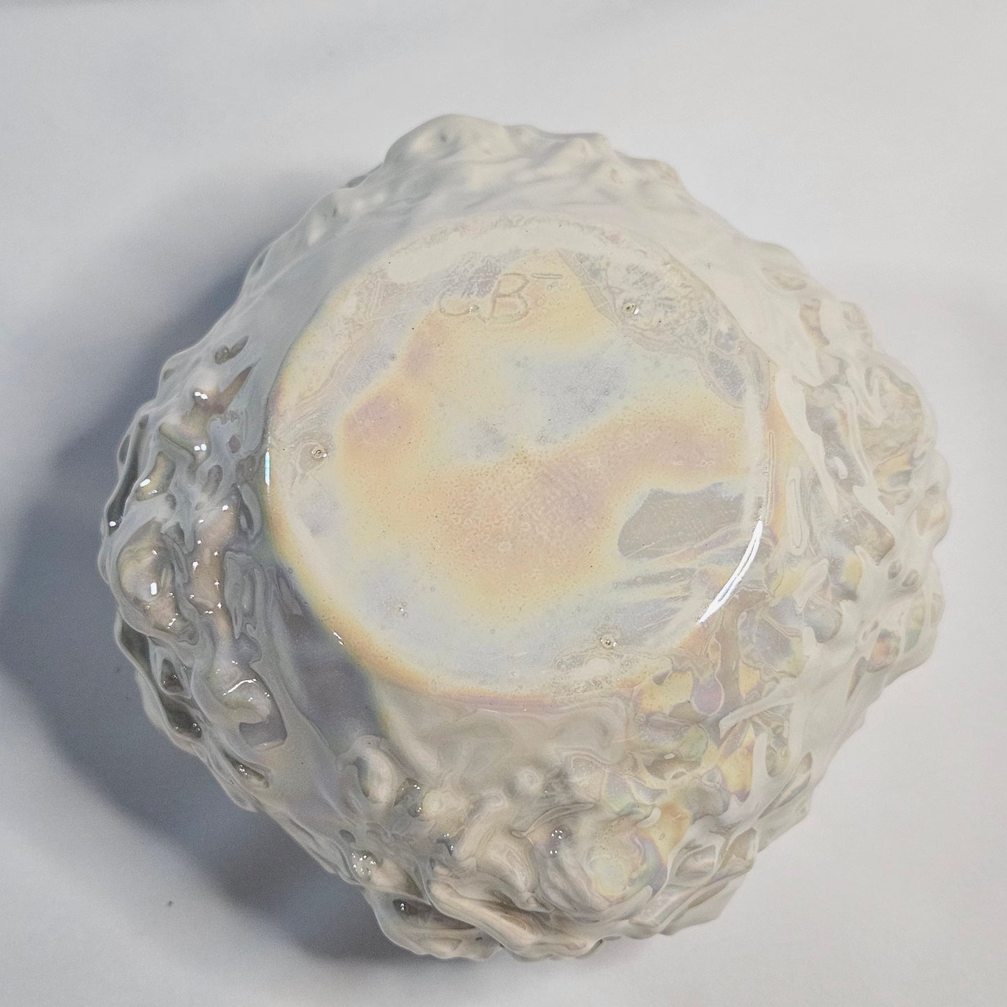 Vintage porcelain trinket box, iridescent white, rose pattern