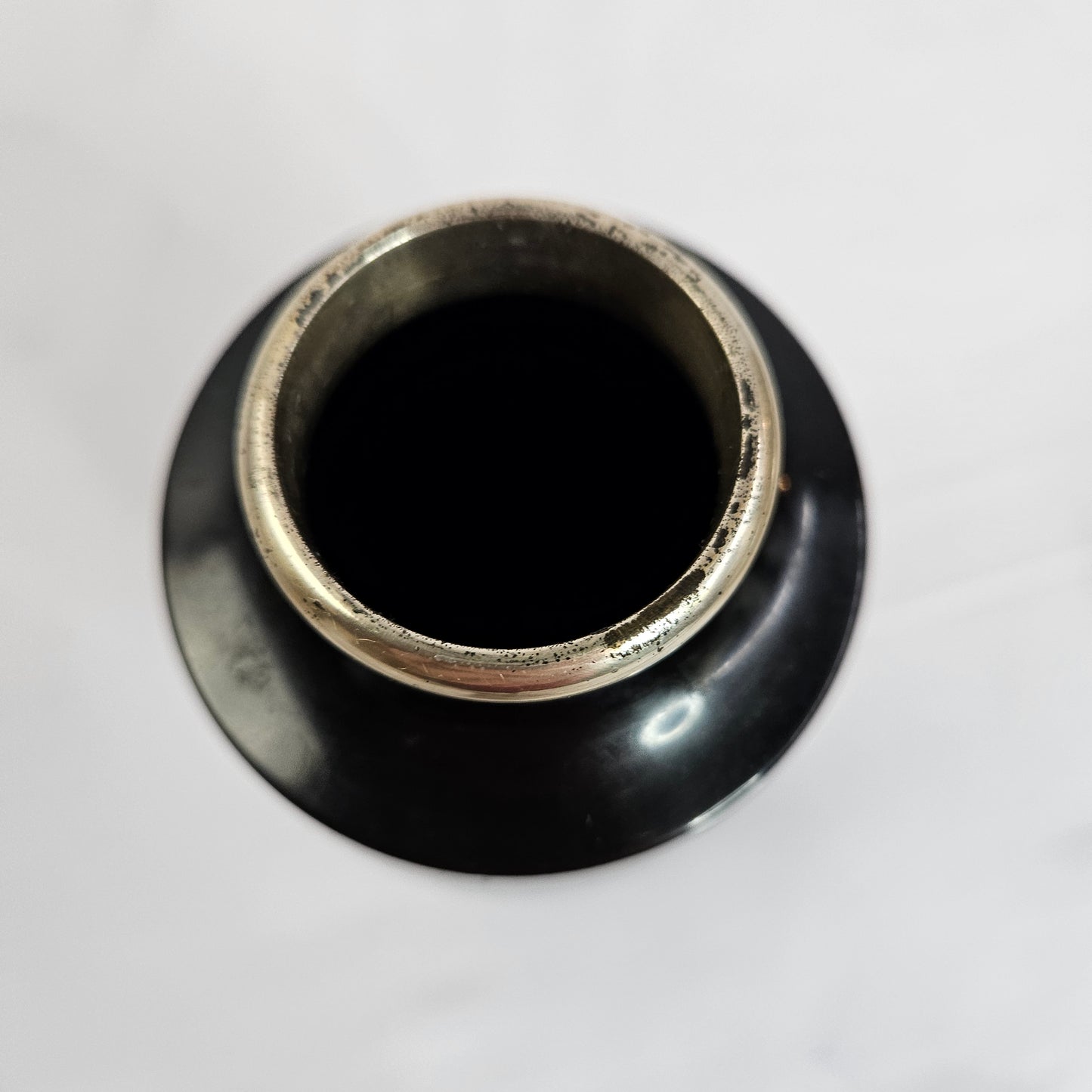 Black enamel vase with Japanese inspired landscape scene and gold accents