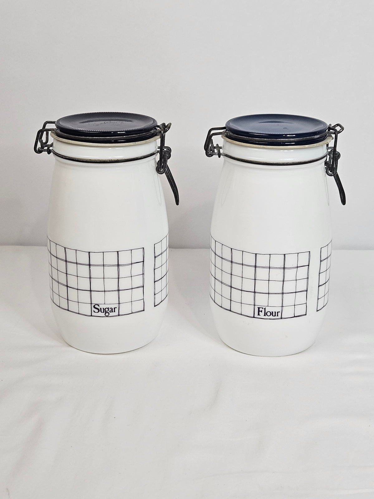 Wheaton Milkglass Sugar and Flour Canister Set with wire clamp closures