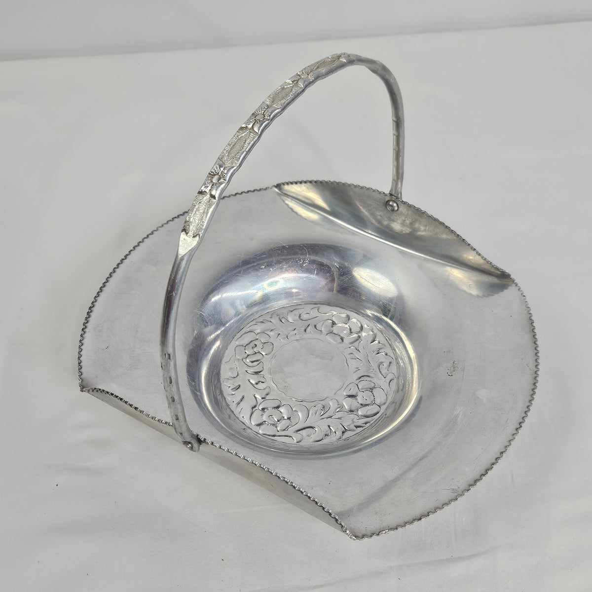 Vintage Aluminum serving tray with handle and floral designs