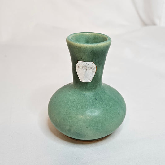 Vintage Niloak Pottery small green bud vase, 3.75 inches tall