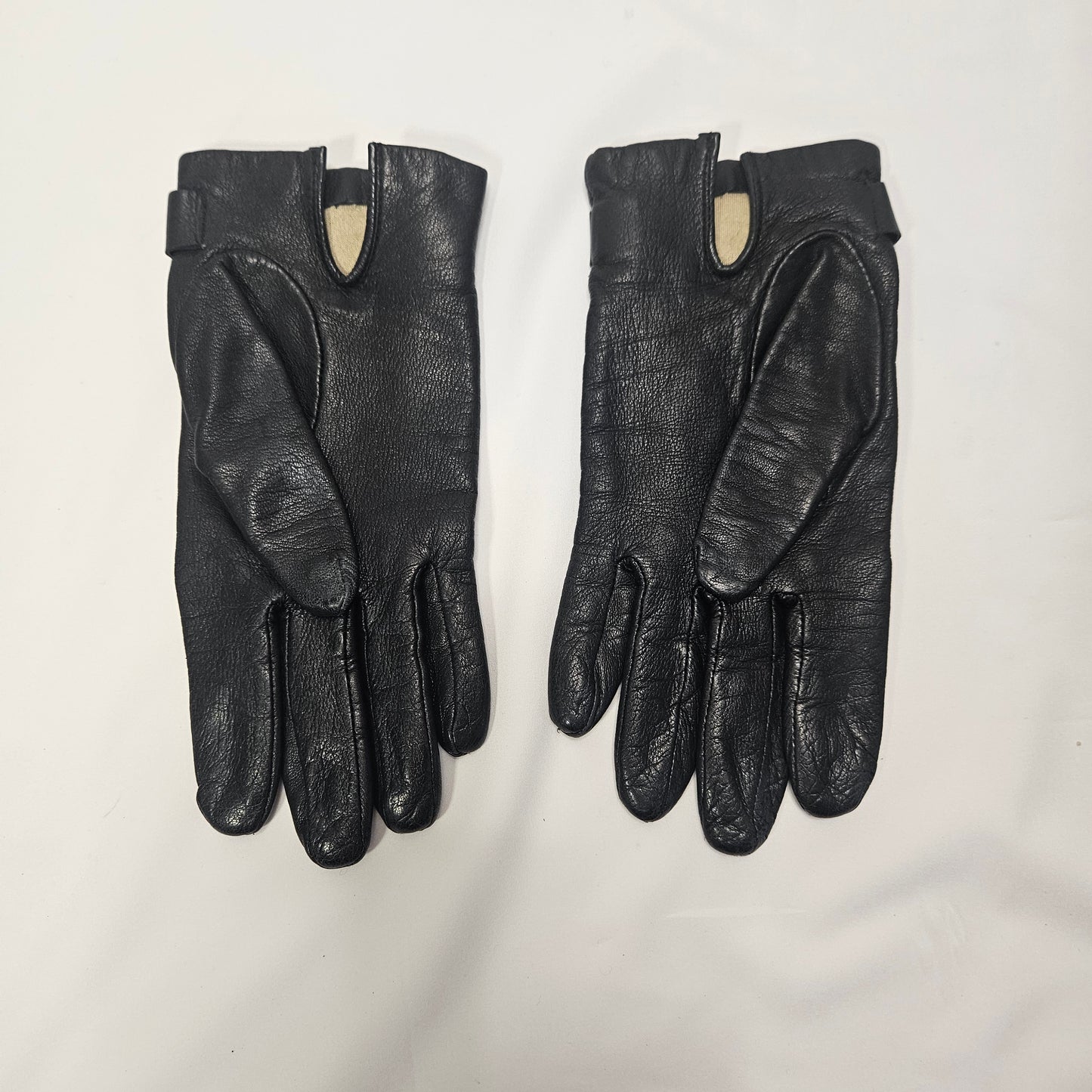 Womens vintage Agnelle black lamb leather silk lined gloves with gold chain accent