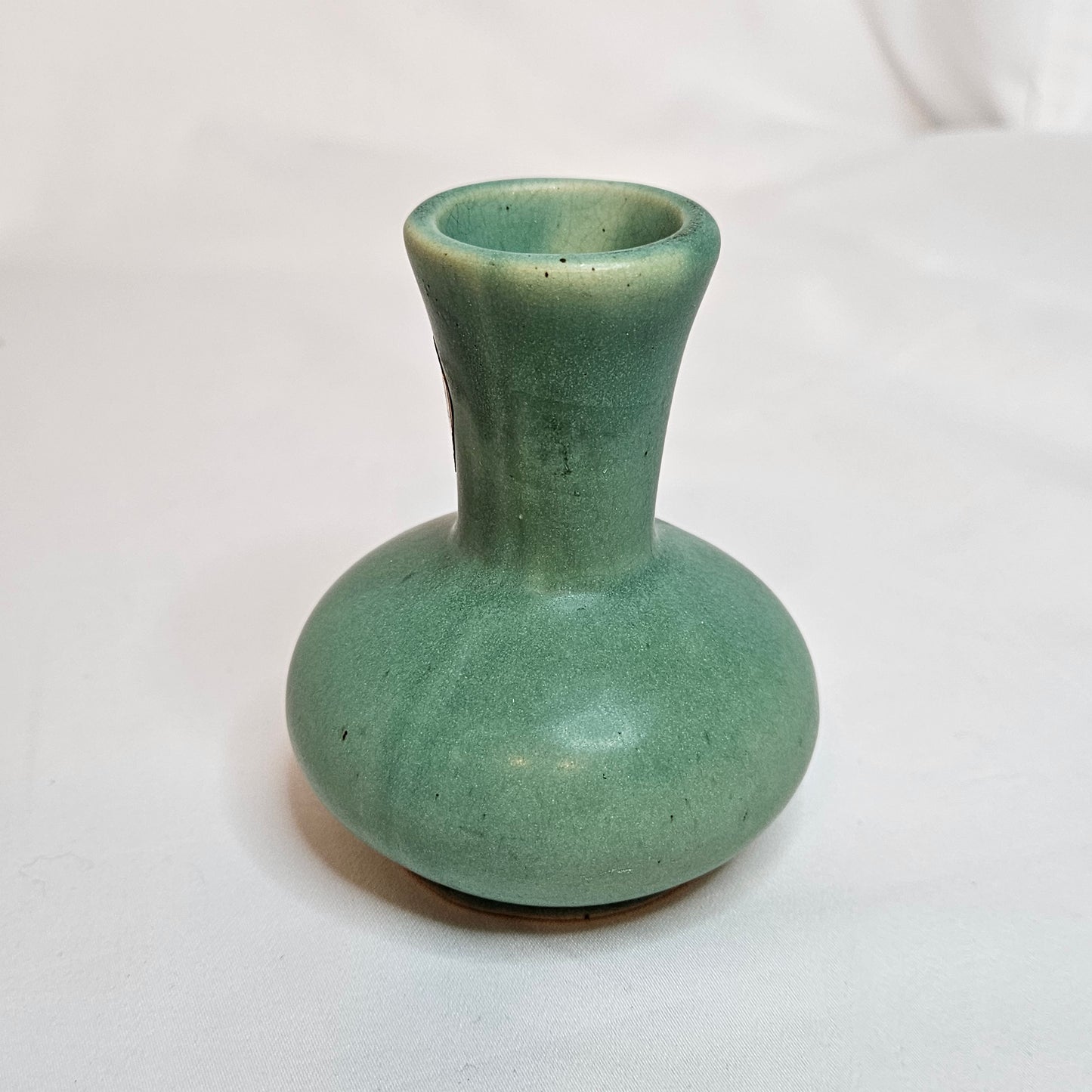 Vintage Niloak Pottery small green bud vase, 3.75 inches tall
