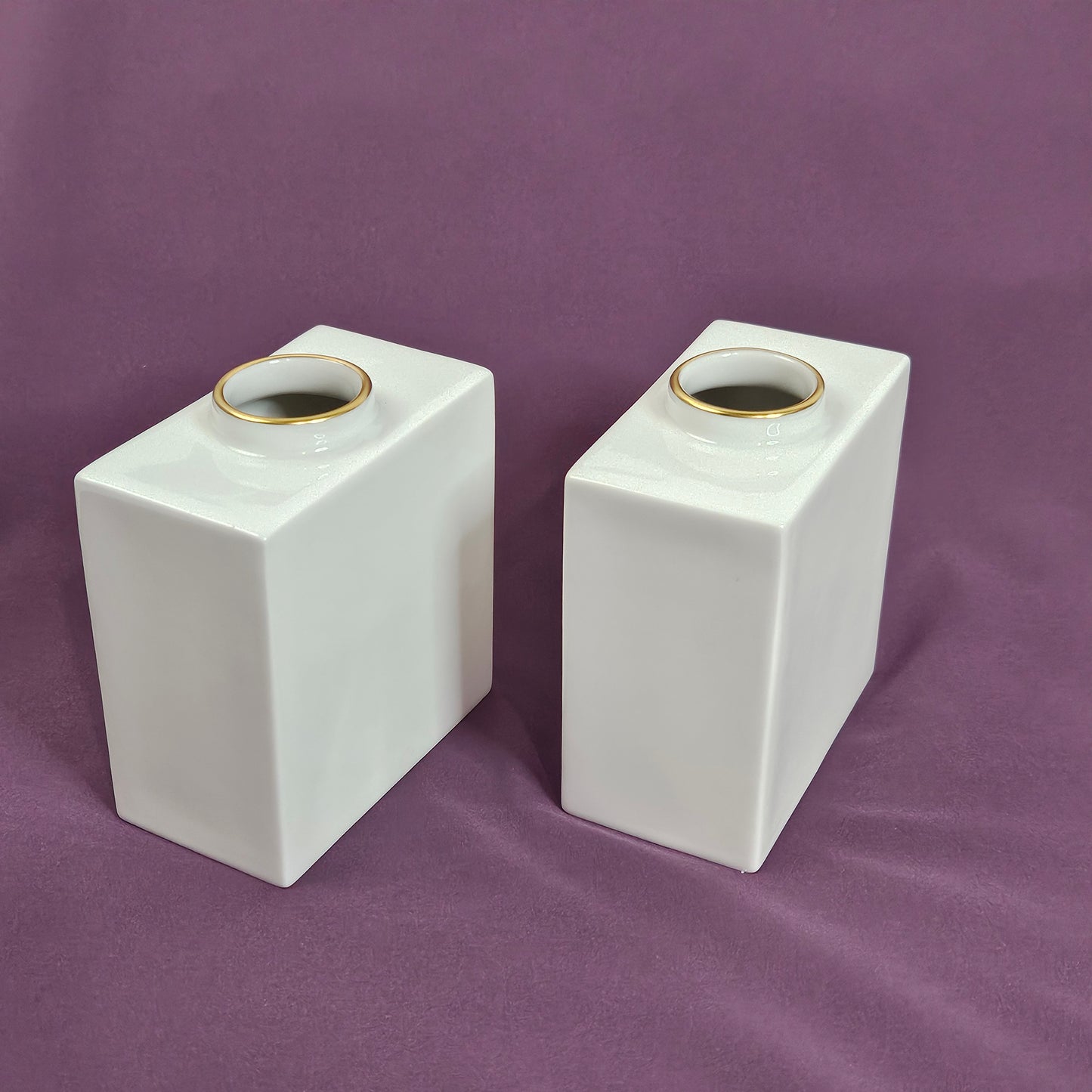 Vintage KPM Cadre small square vases with gold trim, pair