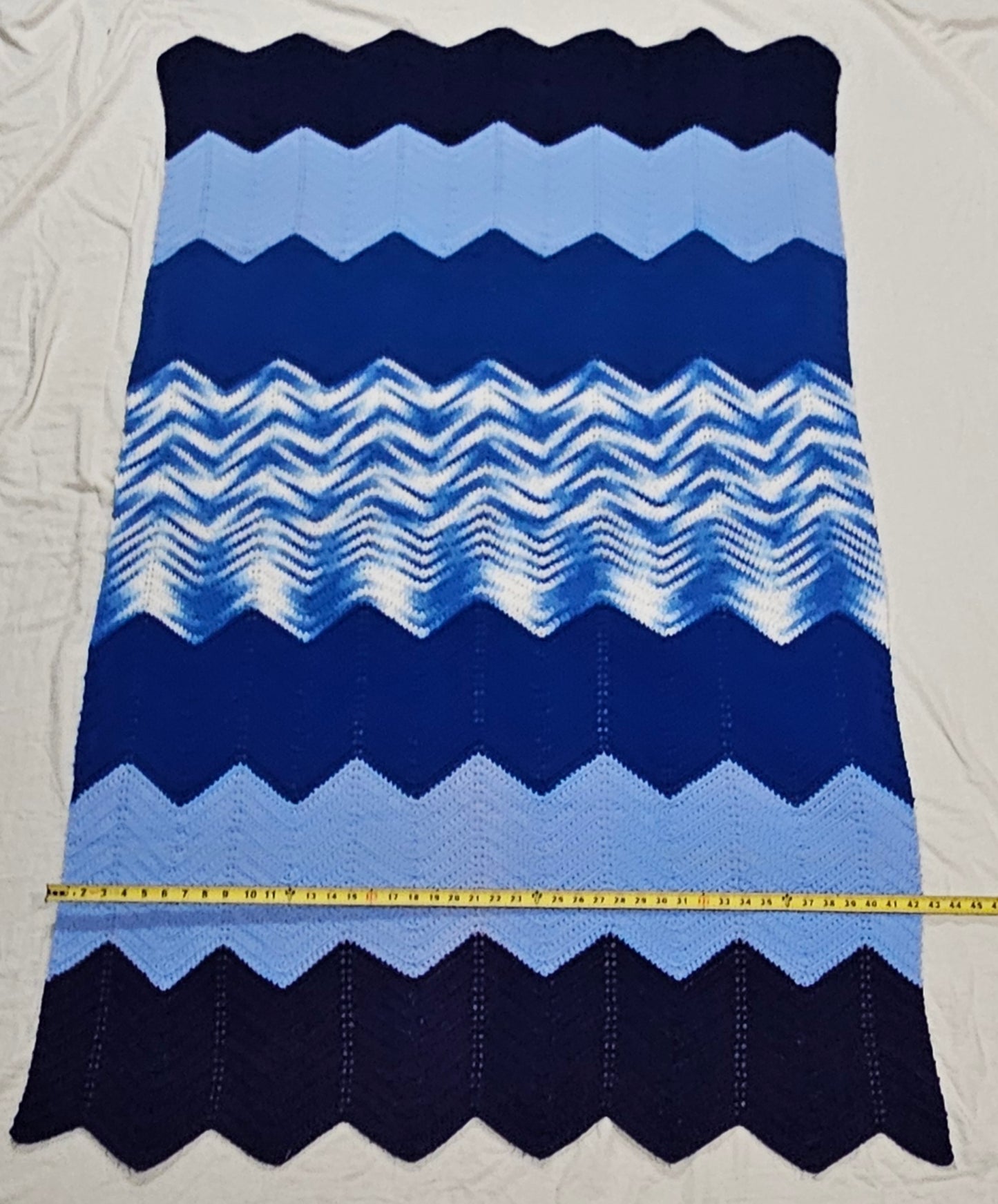 Handmade, large crochet blanket, blue ripple stitch stripes, 71" x 40"
