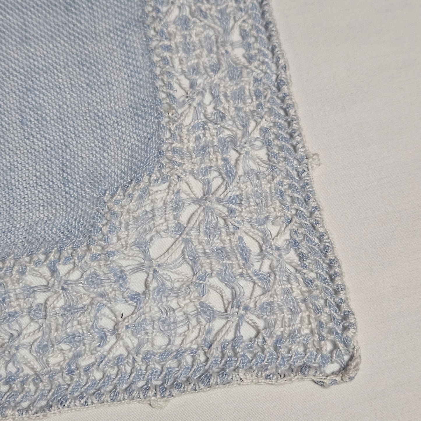 Vintage placemats, light blue linen with threadwork border and crochet accents, set of 7