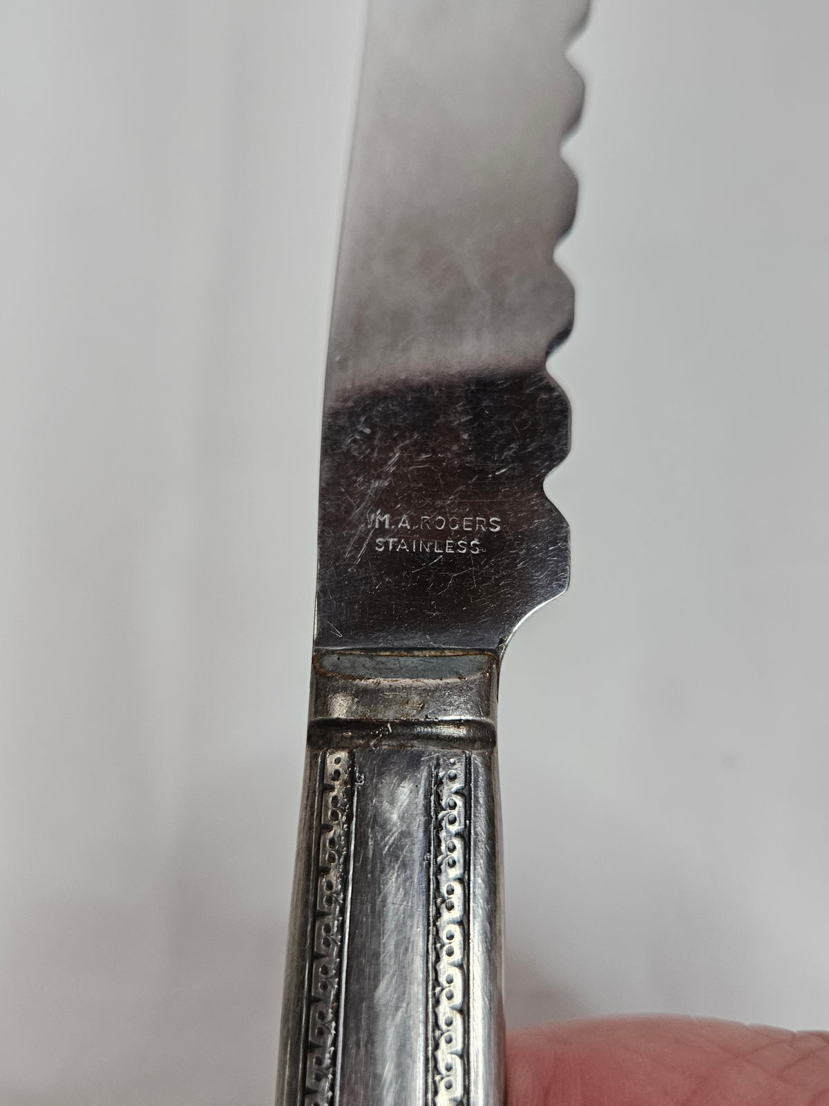 Vintage WM A Rogers serrated cake knife with an S monogram, 10 inches