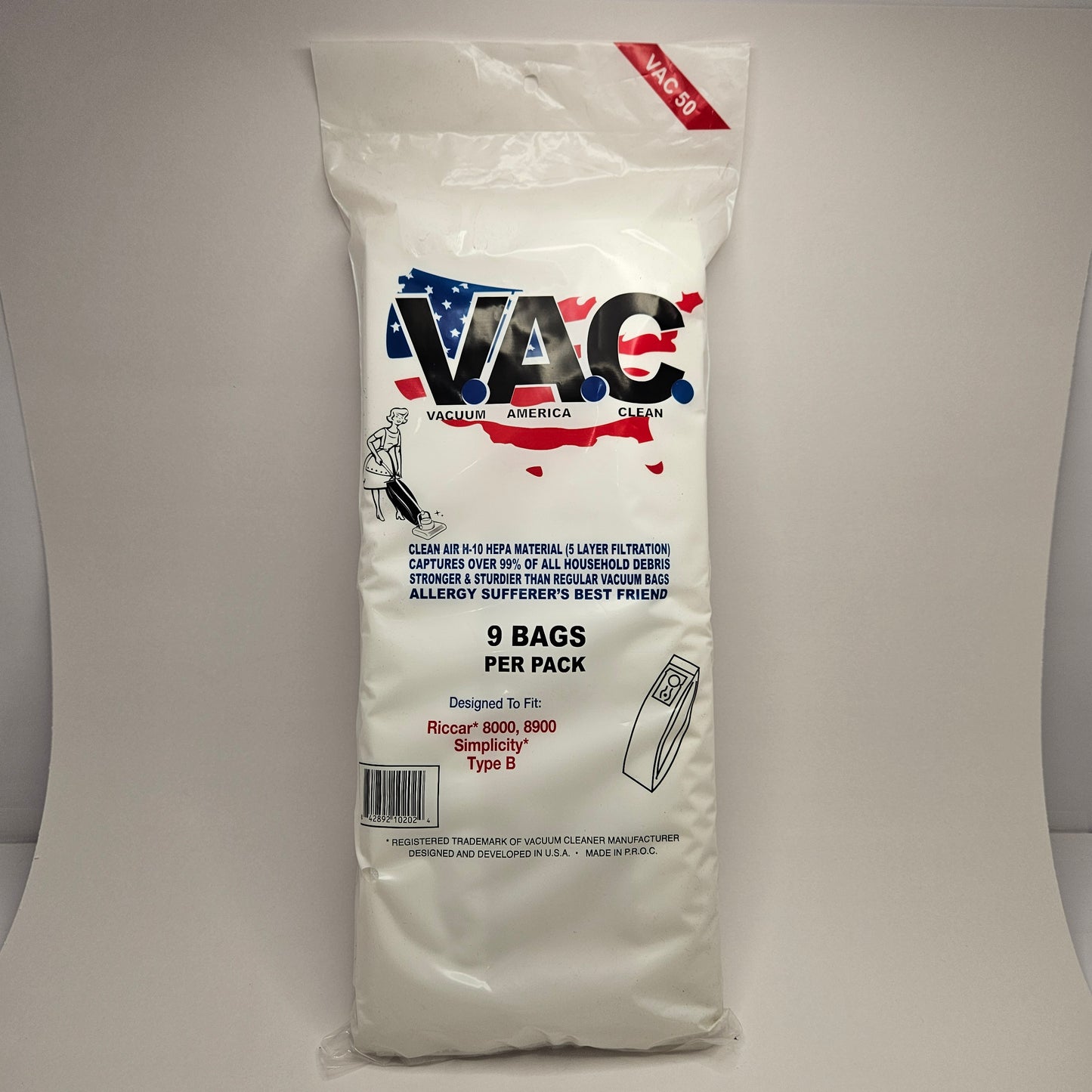 VAC HEPA Vacuum Cleaner Bags VAC-50 Riccar or Simplicity Type B NEW 9 bags in ea