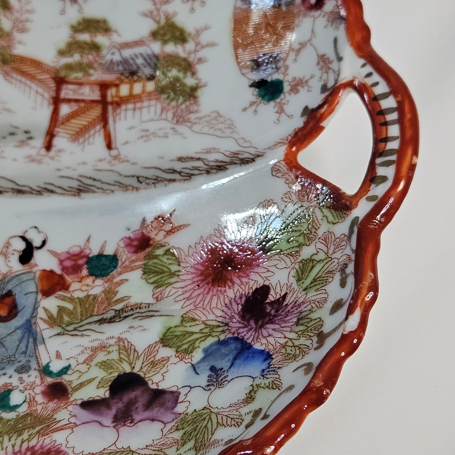 Geisha girl vintage hand painted plate, leaf shaped